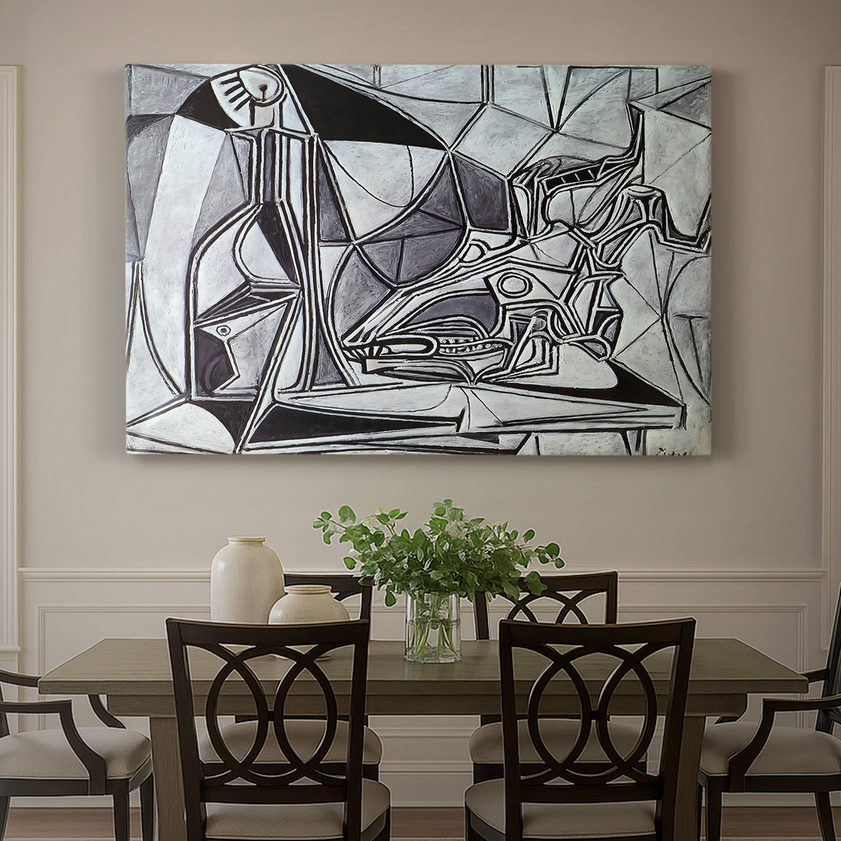 Canvas art print featuring an abstract still life with skull bottle and candle, showcased as a statement wall artwork
