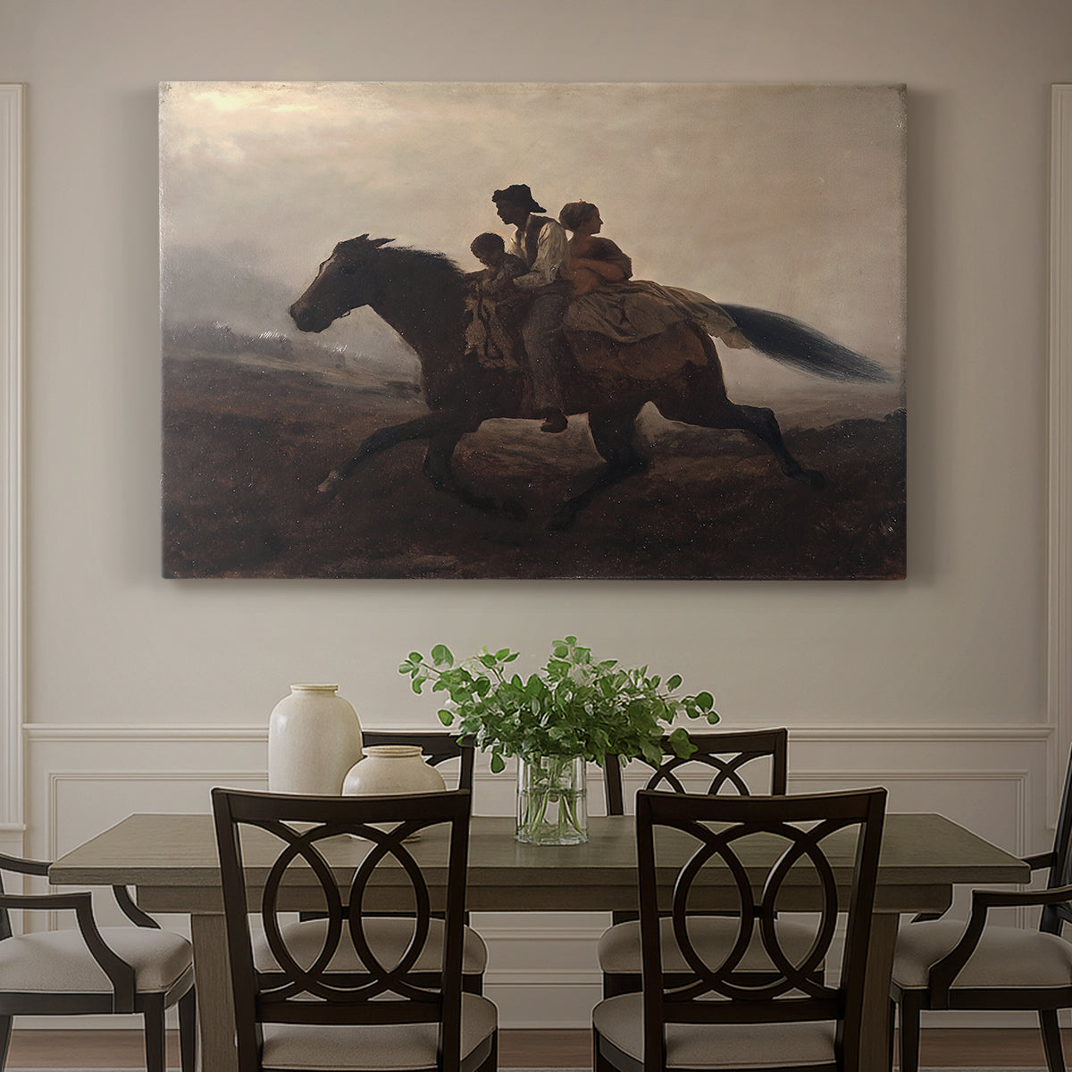 Canvas art print featuring a family riding horseback through night escaping across landscape, showcased as a statement wall artwork