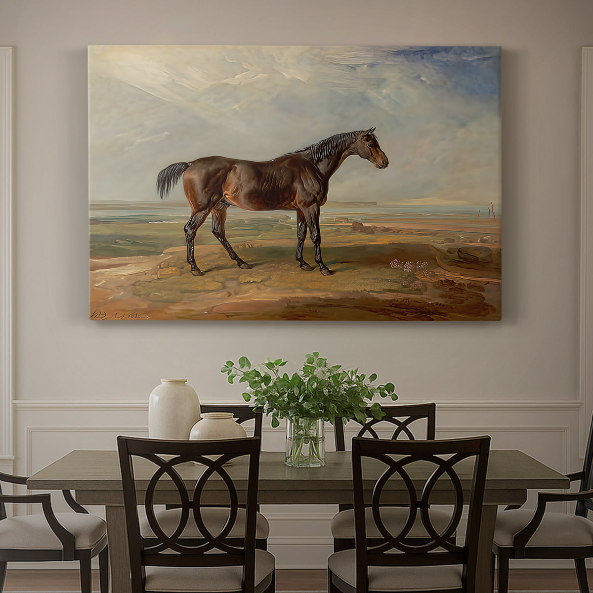 Canvas art print featuring a racehorse standing near coastal landscape with distant water, showcased as a statement wall artwork