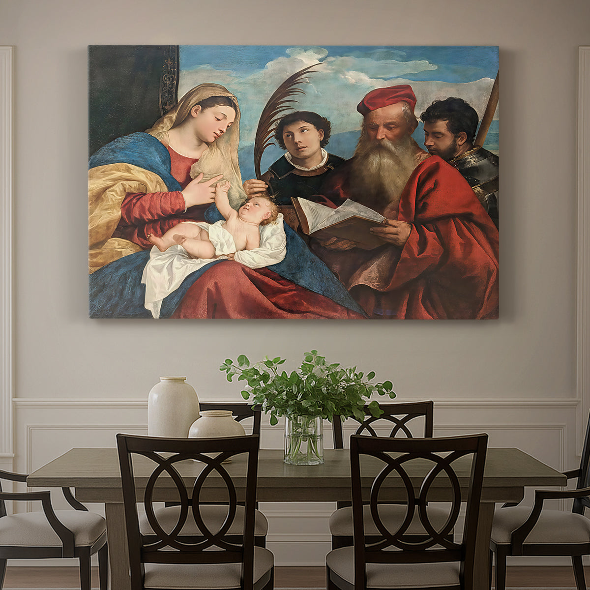 Canvas art print featuring a group of holy figures gathered around Madonna and child in colorful composition, showcased as a statement wall artwork