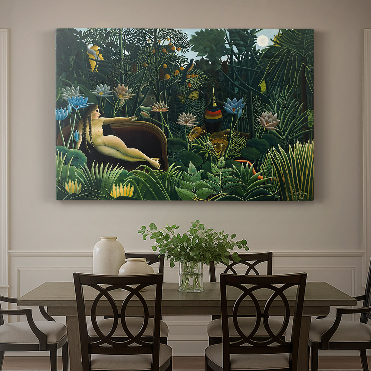 Canvas art print featuring a reclining nude woman surrounded by dense jungle plants and animals, showcased as a statement wall artwork