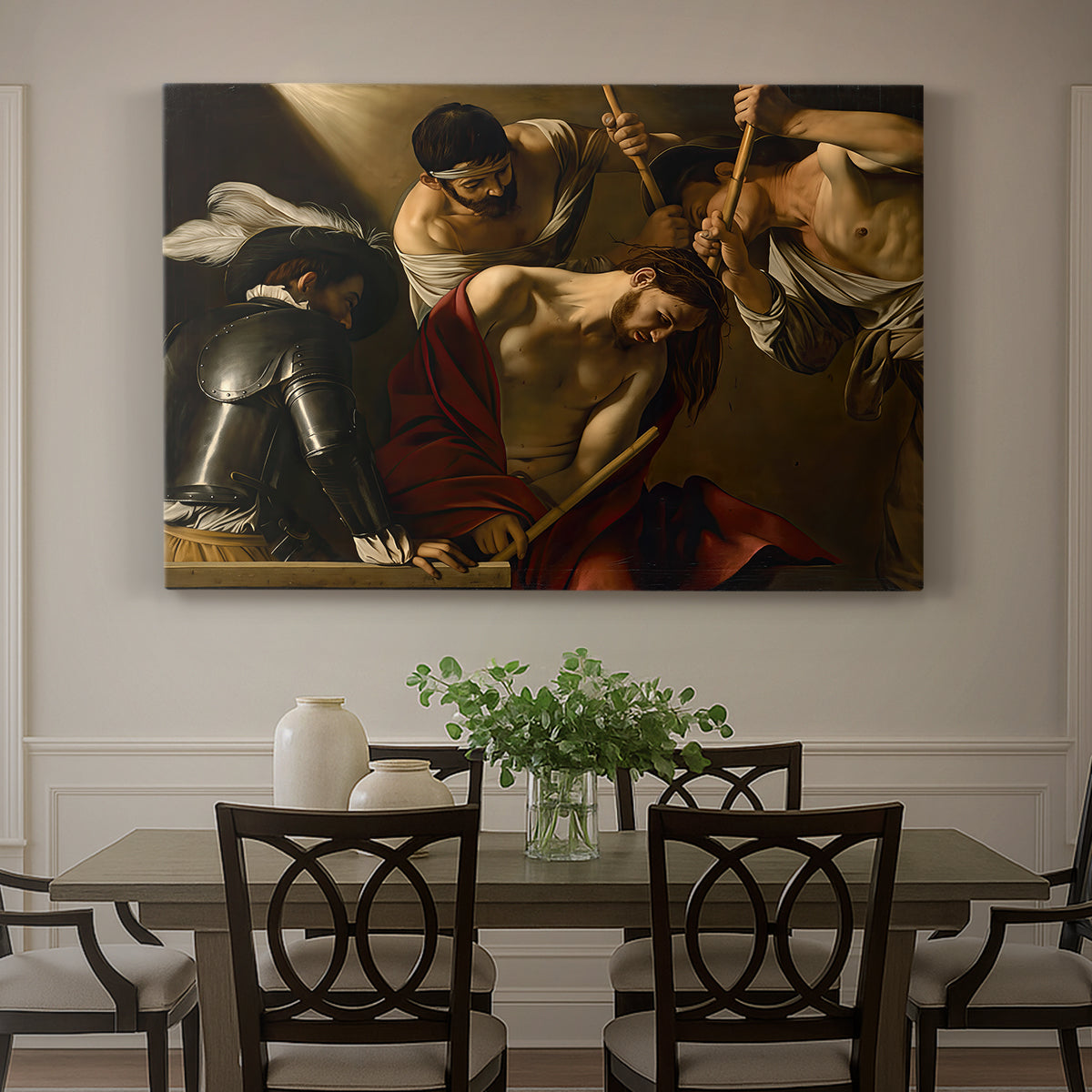 Canvas art print featuring Christ surrounded by men pressing crown of thorns onto his head, showcased as a statement wall artwork