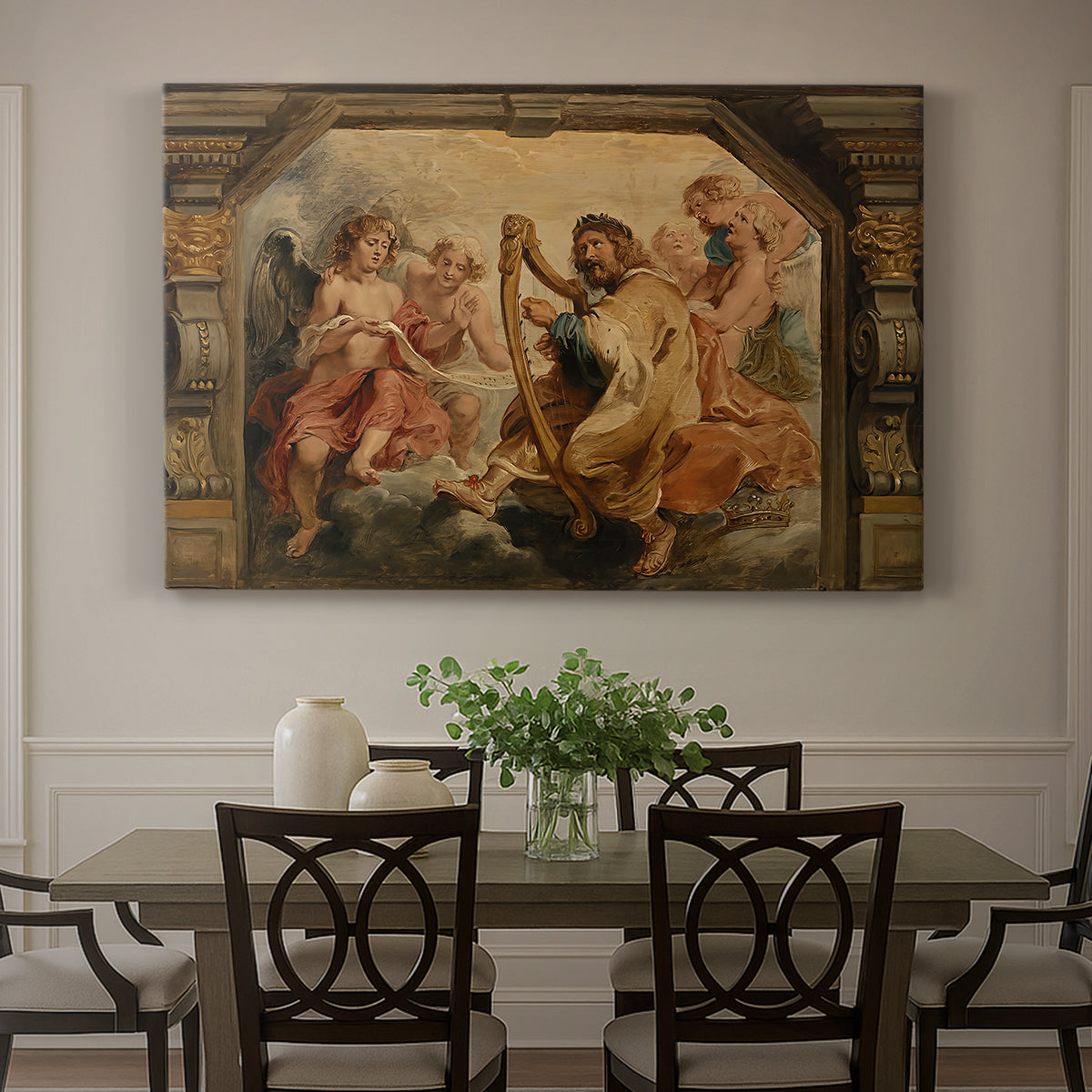 Canvas art print featuring a seated figure playing harp with attendants, showcased as a statement wall artwork