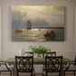 Canvas art print featuring a calm water inlet with boats and distant shoreline under soft light, showcased as a statement wall artwork