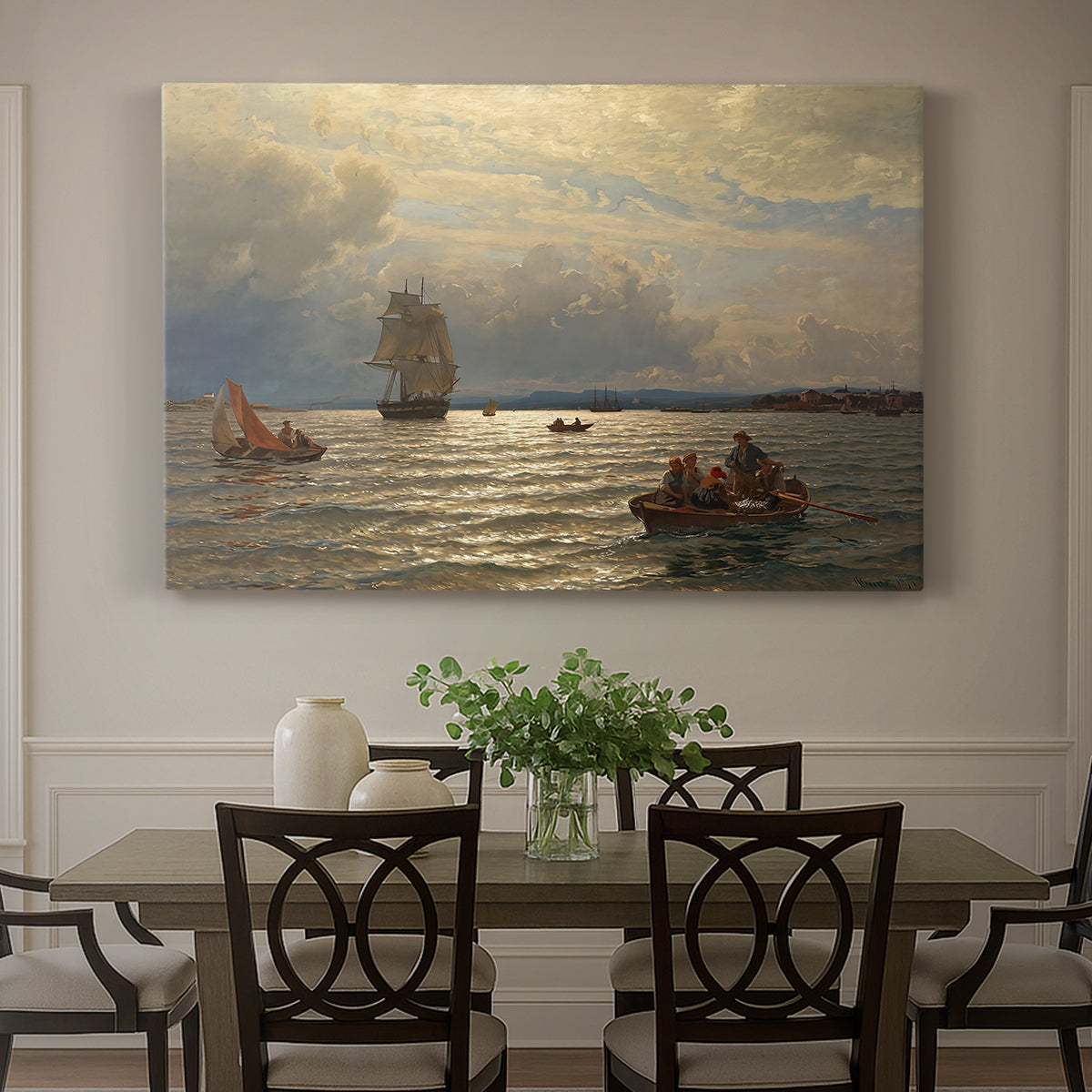 Canvas art print featuring a calm water inlet with boats and distant shoreline under soft light, showcased as a statement wall artwork