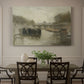 Canvas art print featuring a hazy bridge over water in a muted atmospheric landscape, showcased as a statement wall artwork