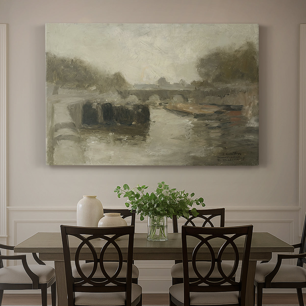 Canvas art print featuring a hazy bridge over water in a muted atmospheric landscape, showcased as a statement wall artwork