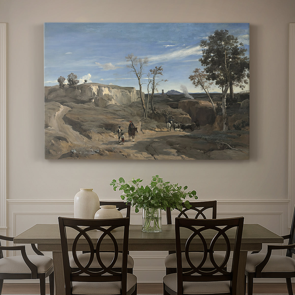 Canvas art print featuring an open landscape of Roman countryside with trees and distant terrain under soft sky, showcased as a statement wall artwork