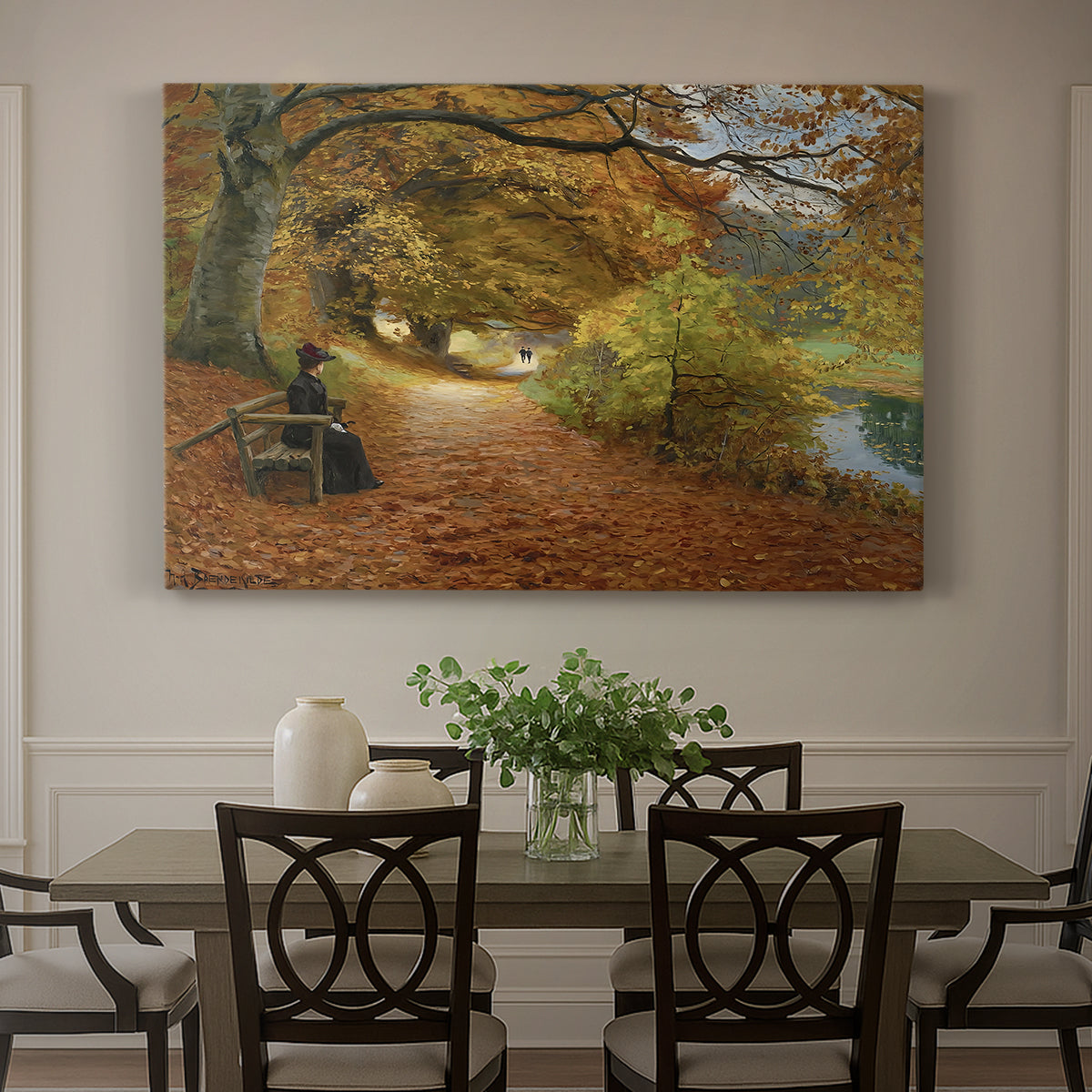 Canvas art print featuring figures walking along forest path covered in autumn leaves, showcased as a statement wall artwork