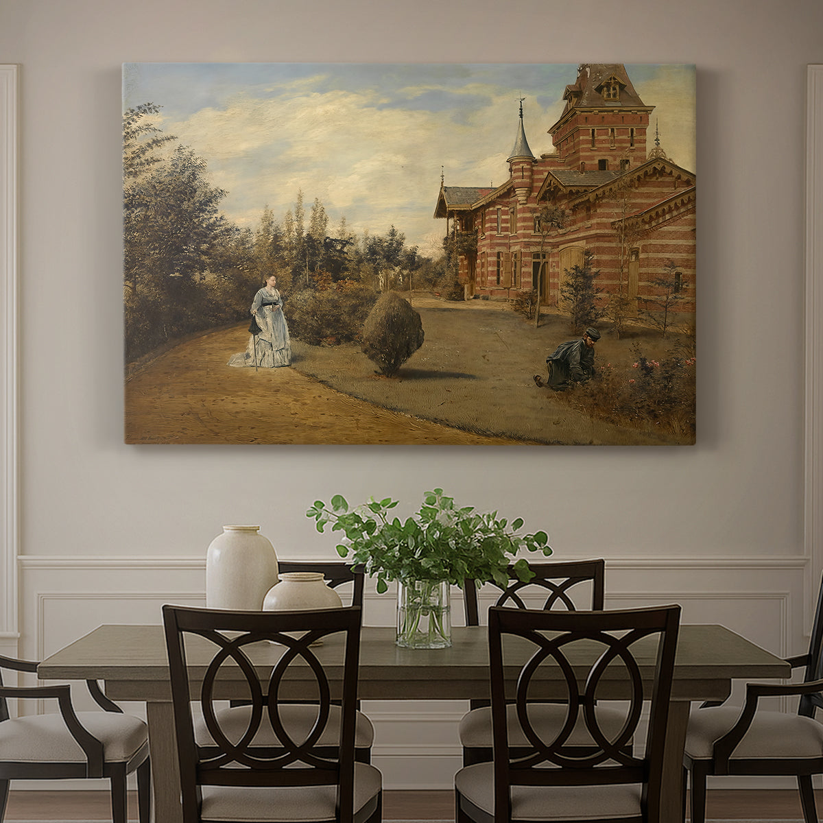 Canvas art print featuring a large house set along quiet street with figures and surrounding buildings, showcased as a statement wall artwork
