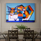Canvas art print featuring a fragmented geometric figure composed of colorful shapes, showcased as a statement wall artwork