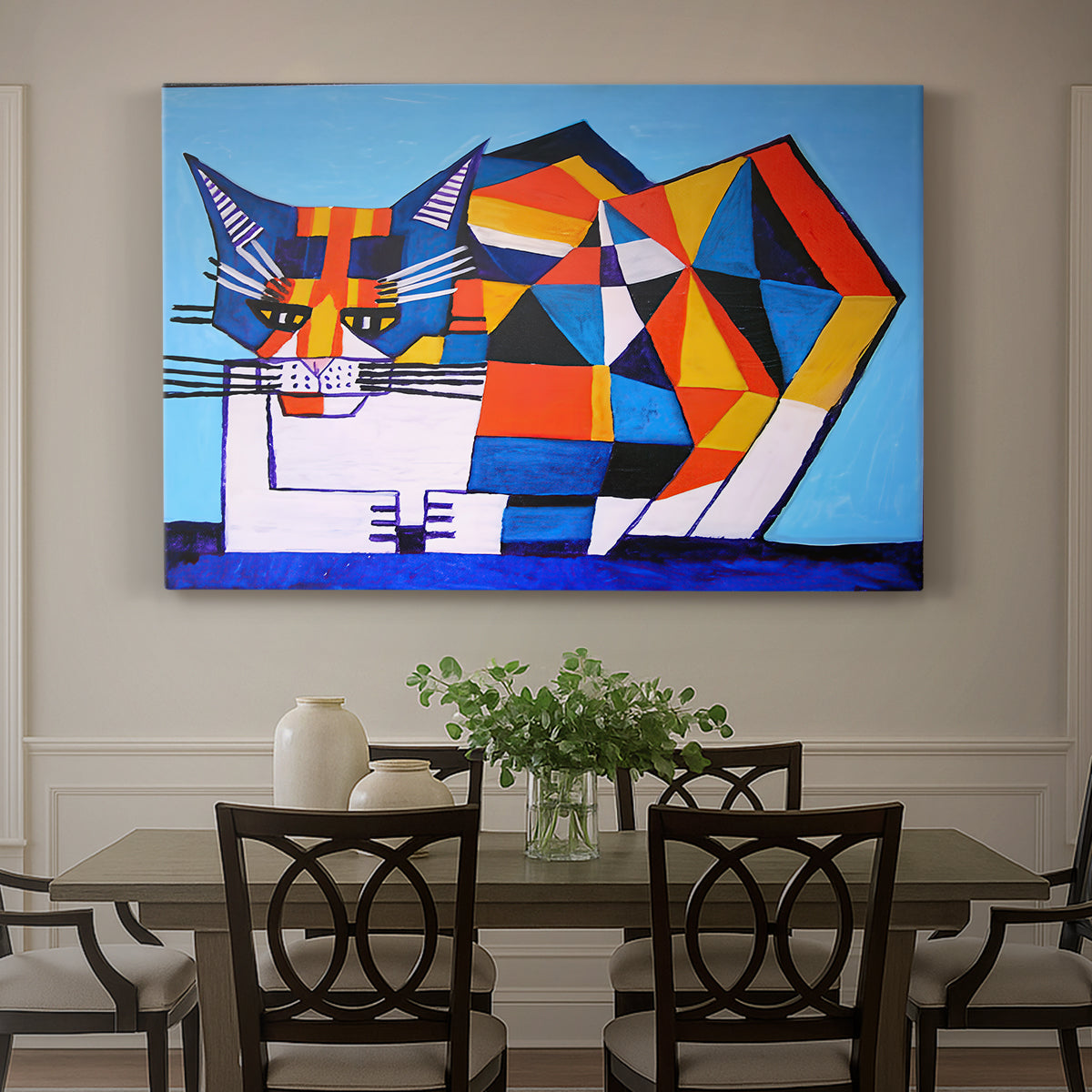 Canvas art print featuring a fragmented geometric figure composed of colorful shapes, showcased as a statement wall artwork