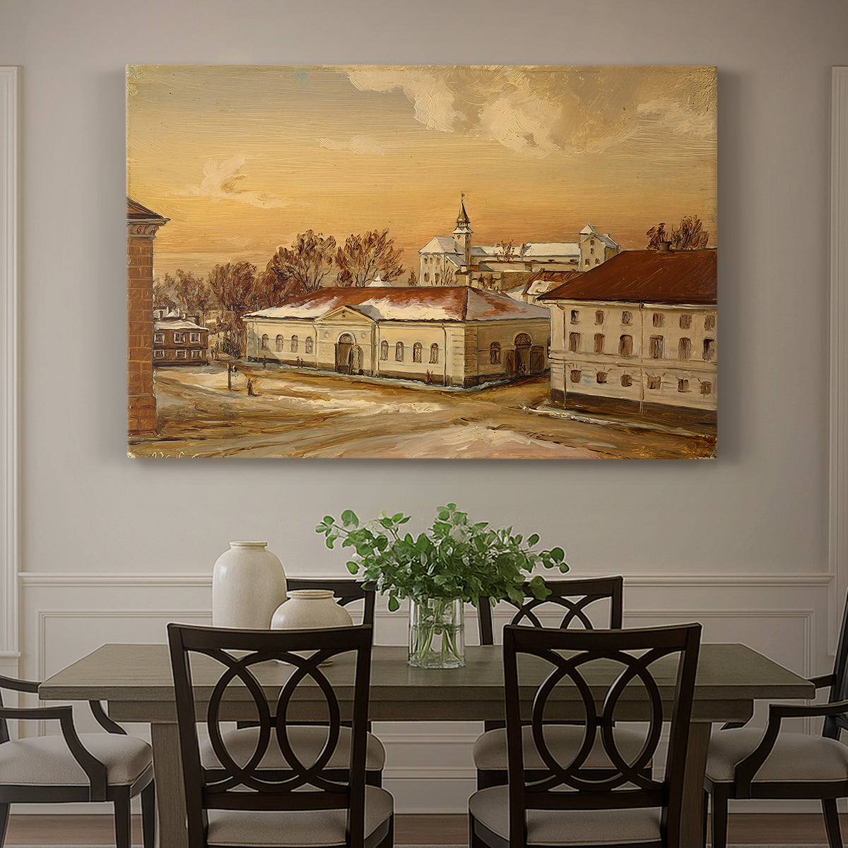 Canvas art print featuring a historic castle courtyard with riders and buildings in structured setting, showcased as a statement wall artwork