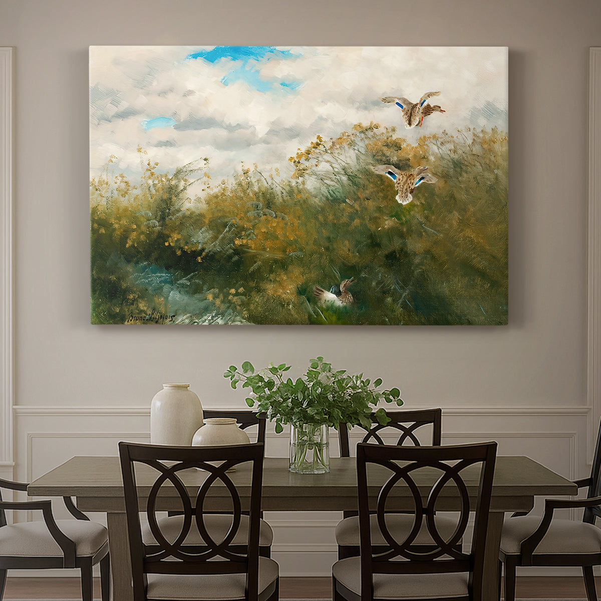 Canvas art print featuring ducks moving through grassy wetland near water's edge, showcased as a statement wall artwork