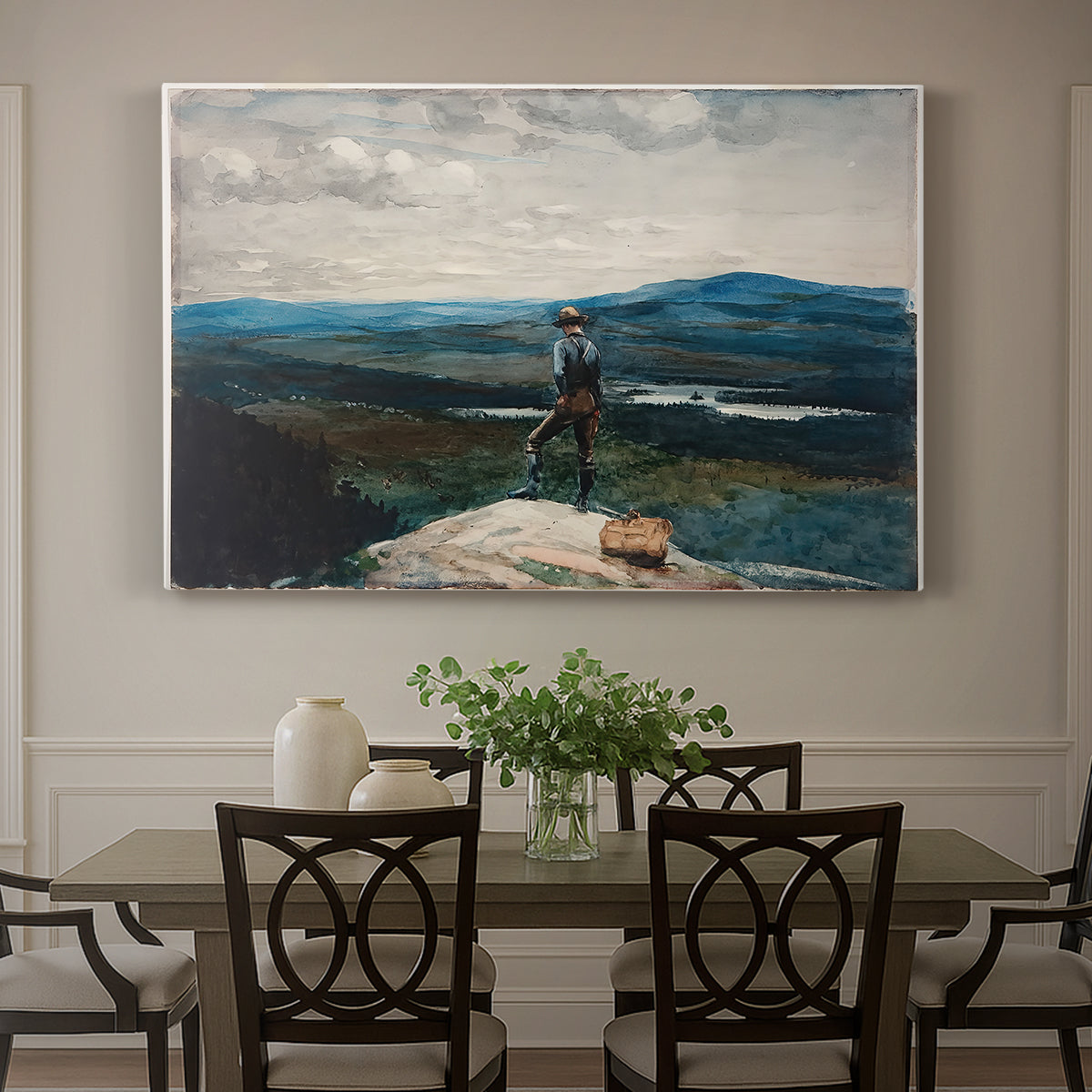 Canvas art print featuring a figure standing in small boat on open water with distant hills behind, showcased as a statement wall artwork