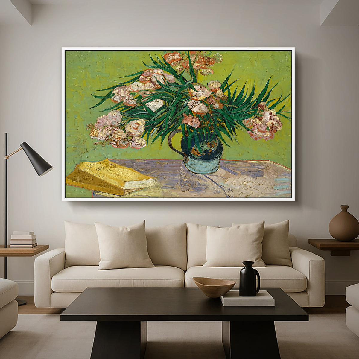 Vase with Oleanders and Books, 1888 - Floater Framed Canvas Print