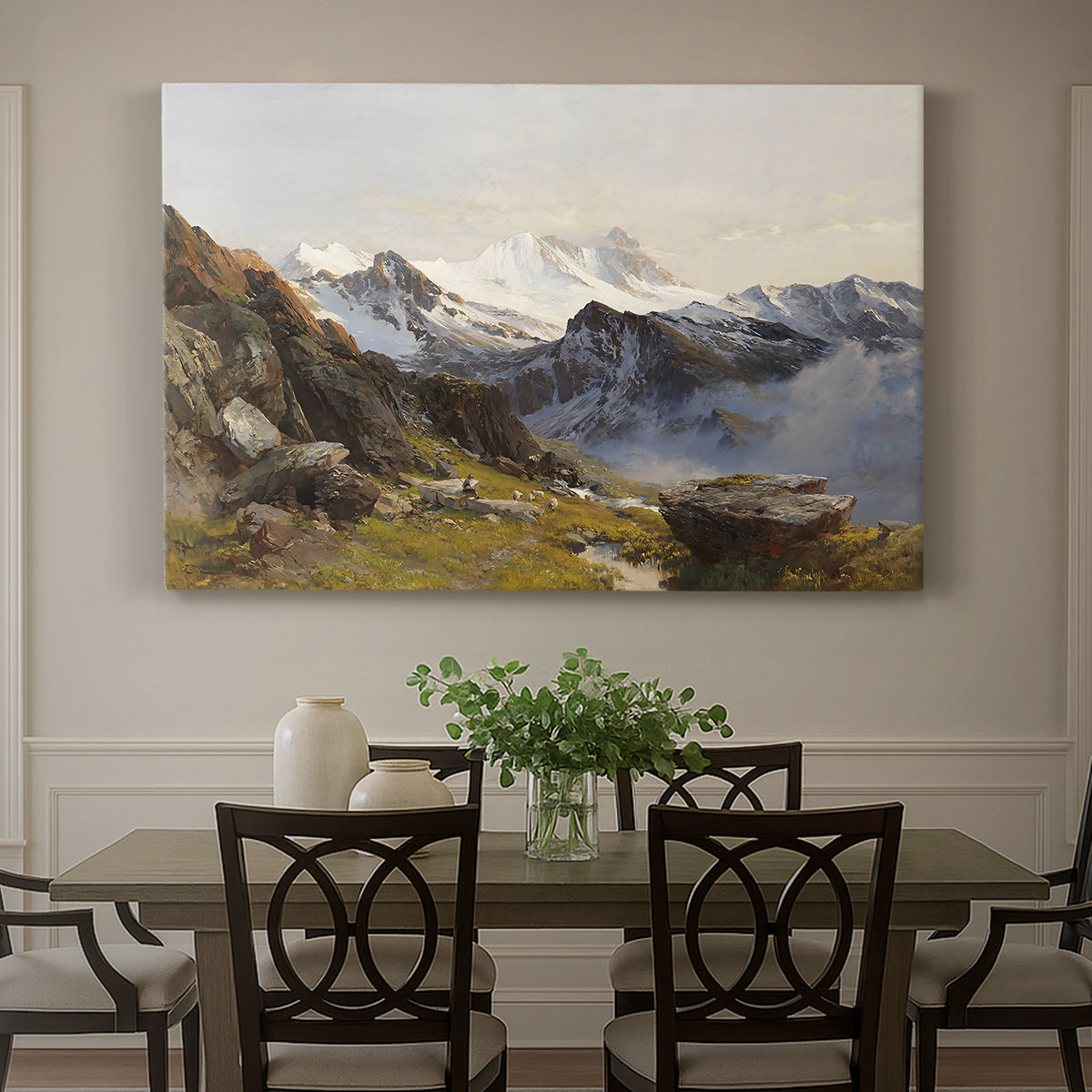 Canvas art print featuring a view of Großglockner peak from alpine hut overlooking valley, showcased as a statement wall artwork