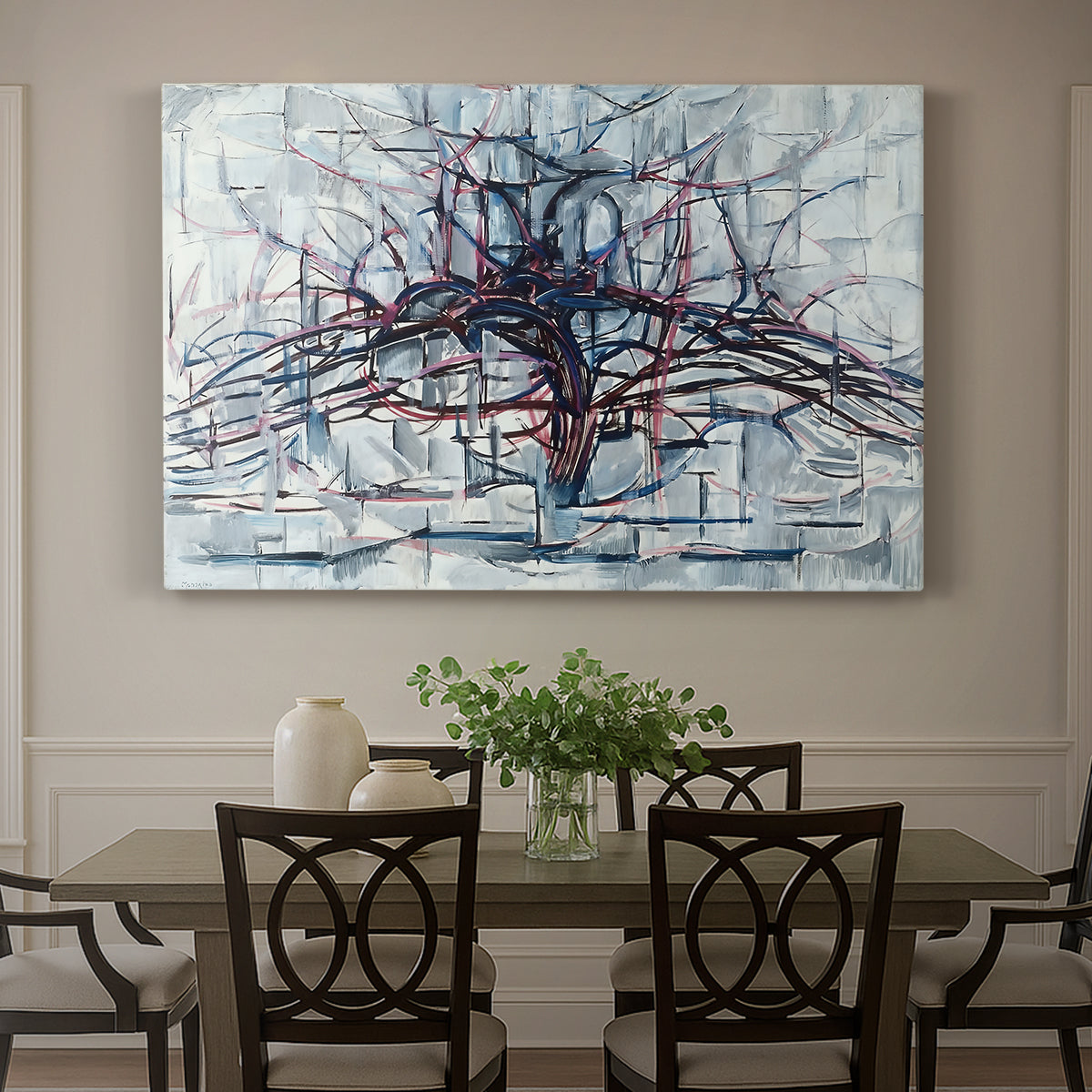 Canvas art print featuring a tree stretched into horizontal lines, showcased as a statement wall artwork