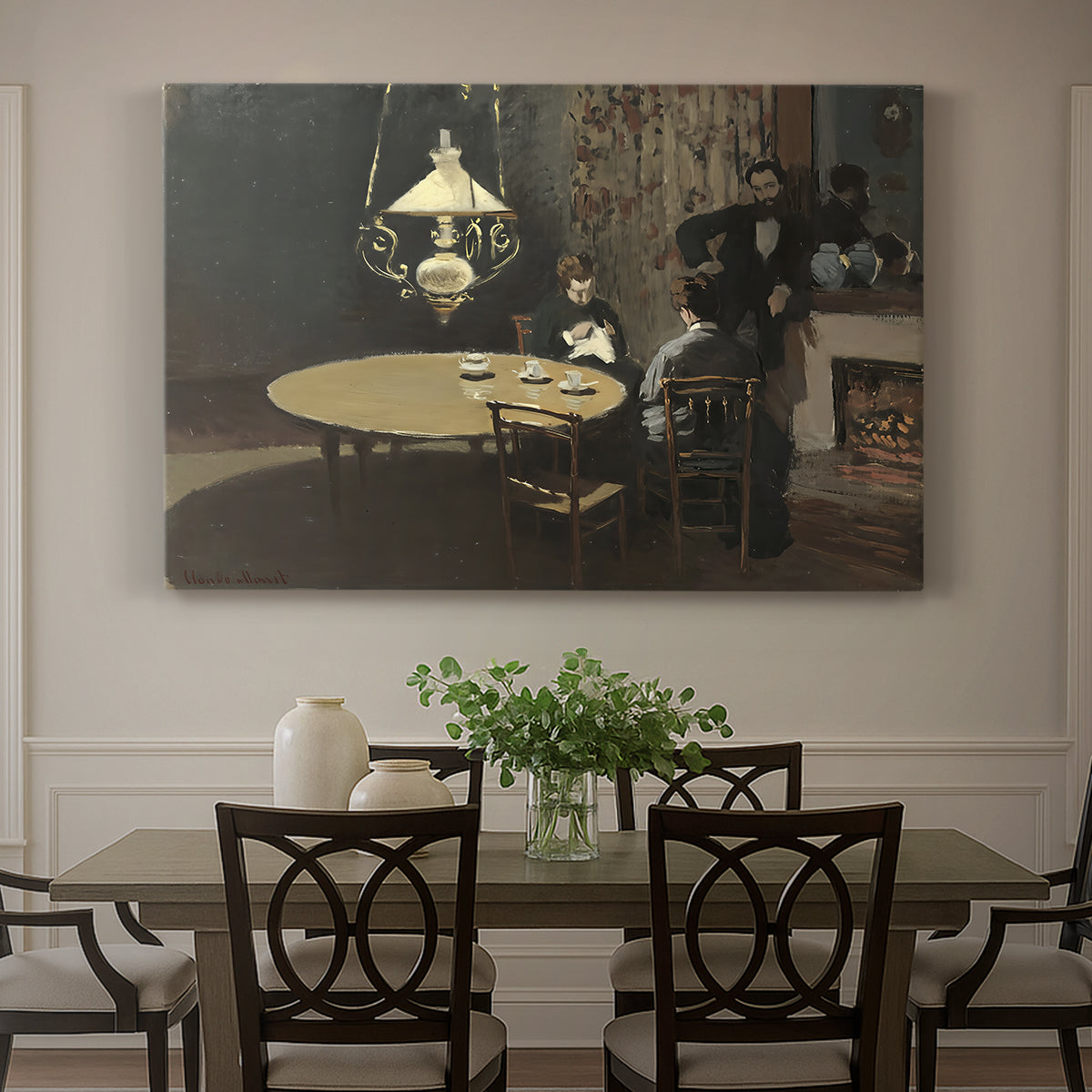 Canvas art print featuring a dimly lit interior with table setting and figure seated after meal, showcased as a statement wall artwork
