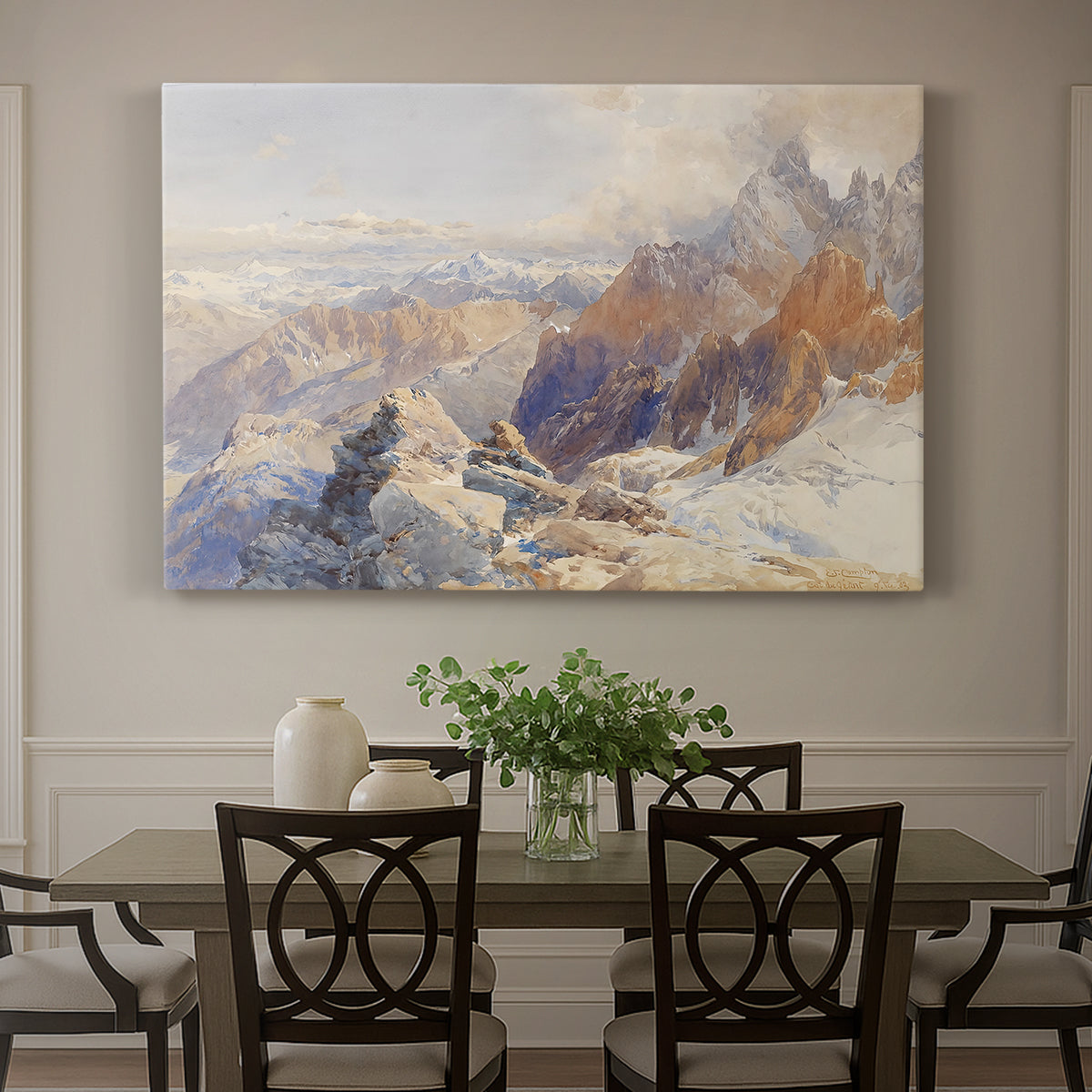 Canvas art print featuring a mountain pass with snow-covered peaks and expansive alpine valley, showcased as a statement wall artwork