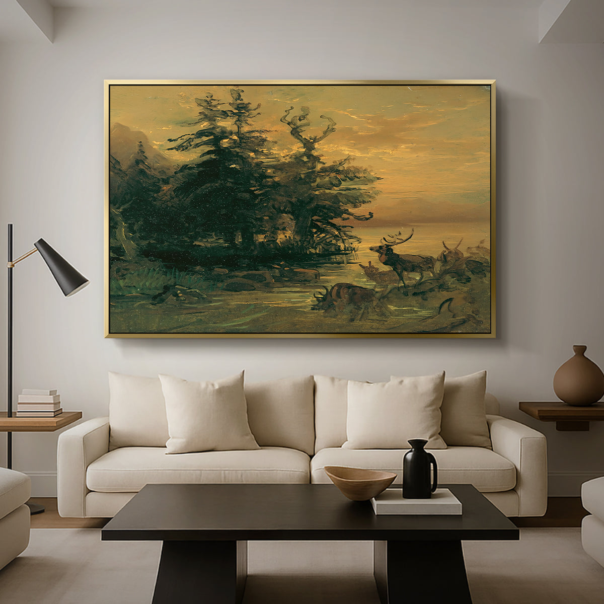 Wallowing Deer on the Shore of a Mountain Lake, c. 1850 - Floater Framed Canvas Print