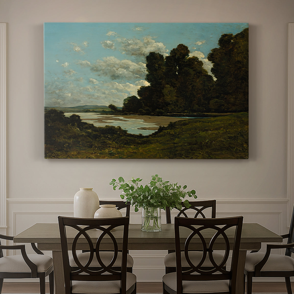 Canvas art print featuring a wide river landscape with distant town and boats under open sky, showcased as a statement wall artwork
