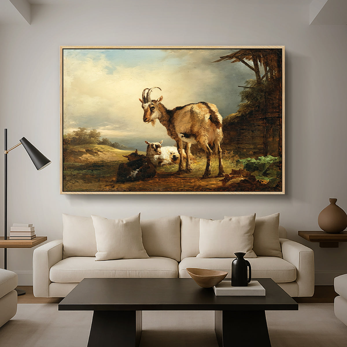 A Goat with Two Kids - Floater Framed Canvas Print