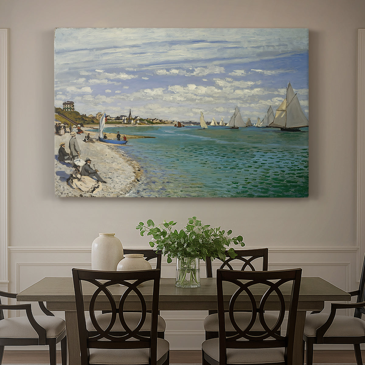 Canvas art print featuring sailboats gathered near shore with flags and spectators along coastline, showcased as a statement wall artwork