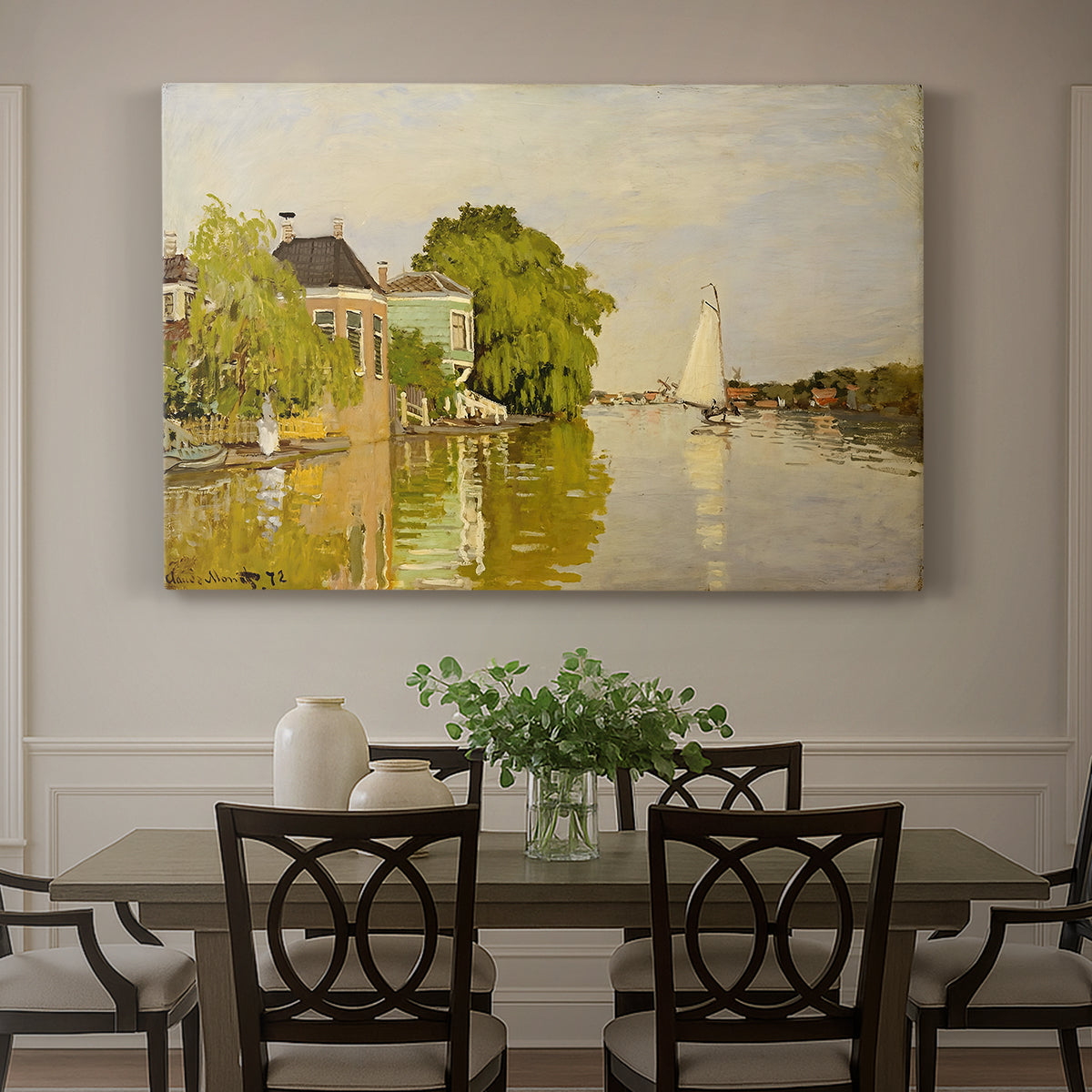 Canvas art print featuring colorful houses reflected in calm river surrounded by greenery, showcased as a statement wall artwork