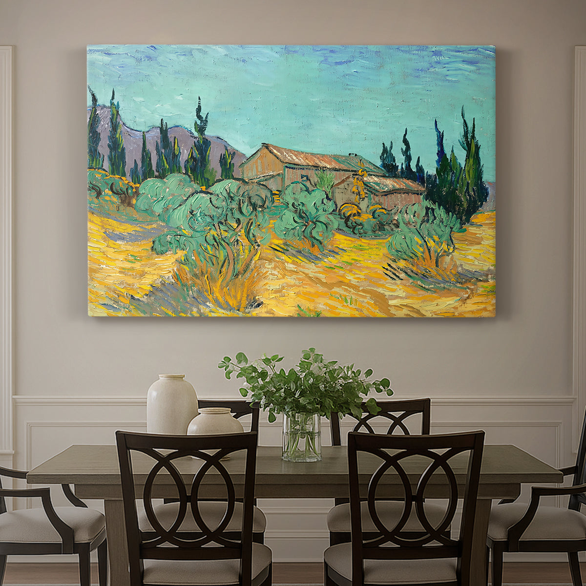 Canvas art print featuring rustic sheds surrounded by olive trees and tall cypresses in rural landscape, showcased as a statement wall artwork