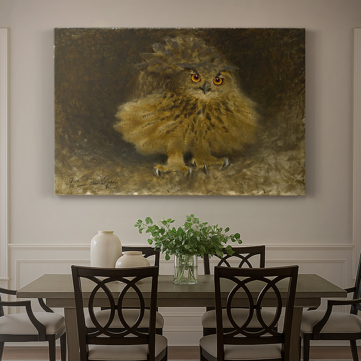 Canvas art print featuring a large owl perched on branch in shadowy natural forest setting, showcased as a statement wall artwork