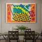 Canvas art print featuring an abstract arrangement of organic cut-out shapes in bold contrasting colors, showcased as a statement wall artwork