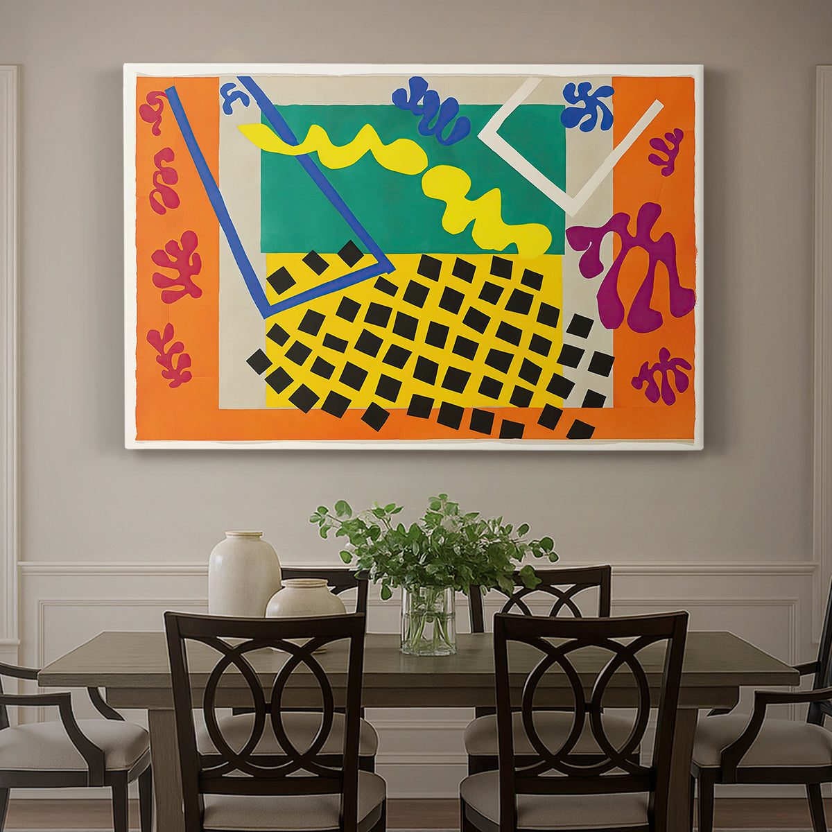 Canvas art print featuring an abstract arrangement of organic cut-out shapes in bold contrasting colors, showcased as a statement wall artwork