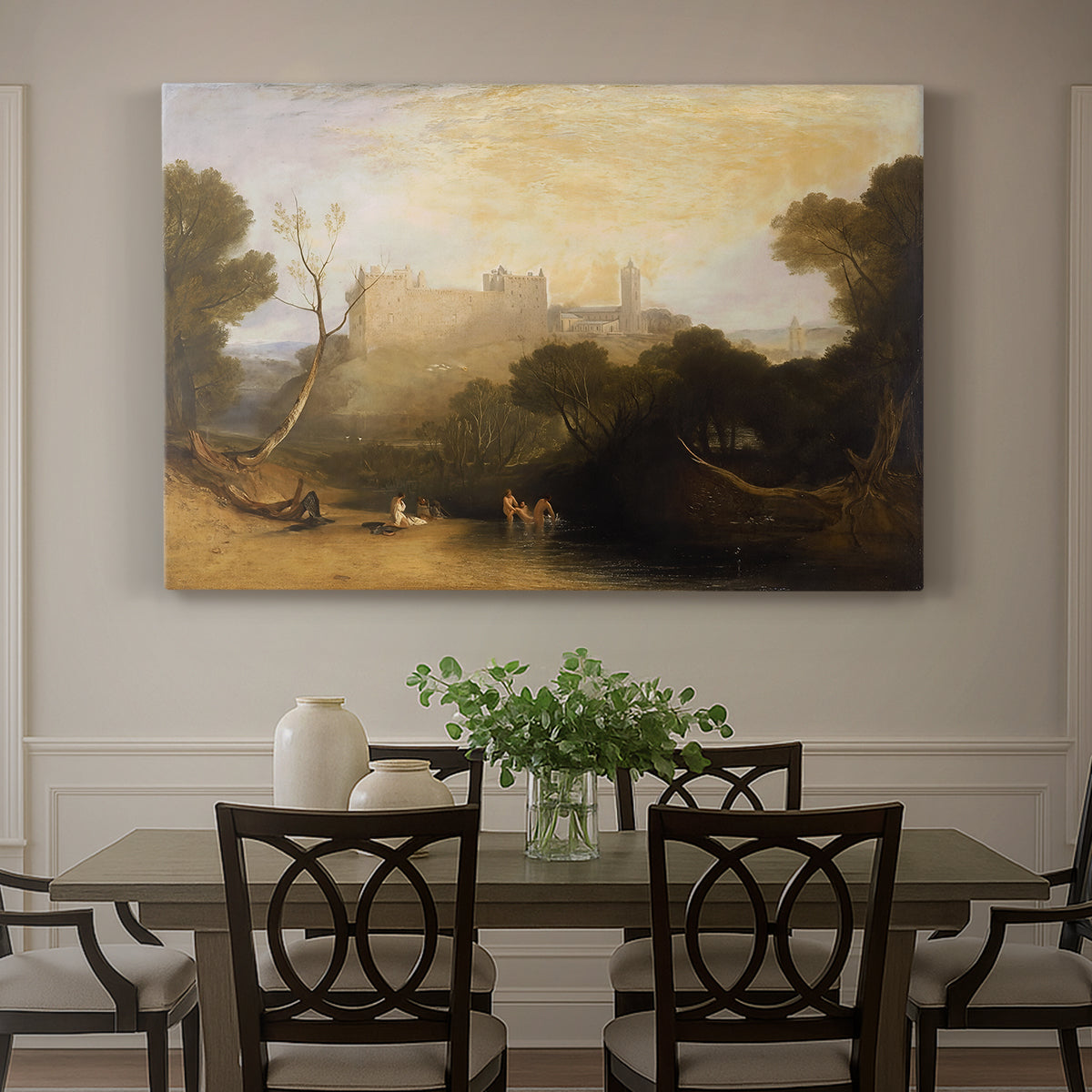 Canvas art print featuring a historic palace set within landscape with water and surrounding terrain, showcased as a statement wall artwork