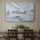 Canvas art print featuring boats entering harbor with buildings, showcased as a statement wall artwork