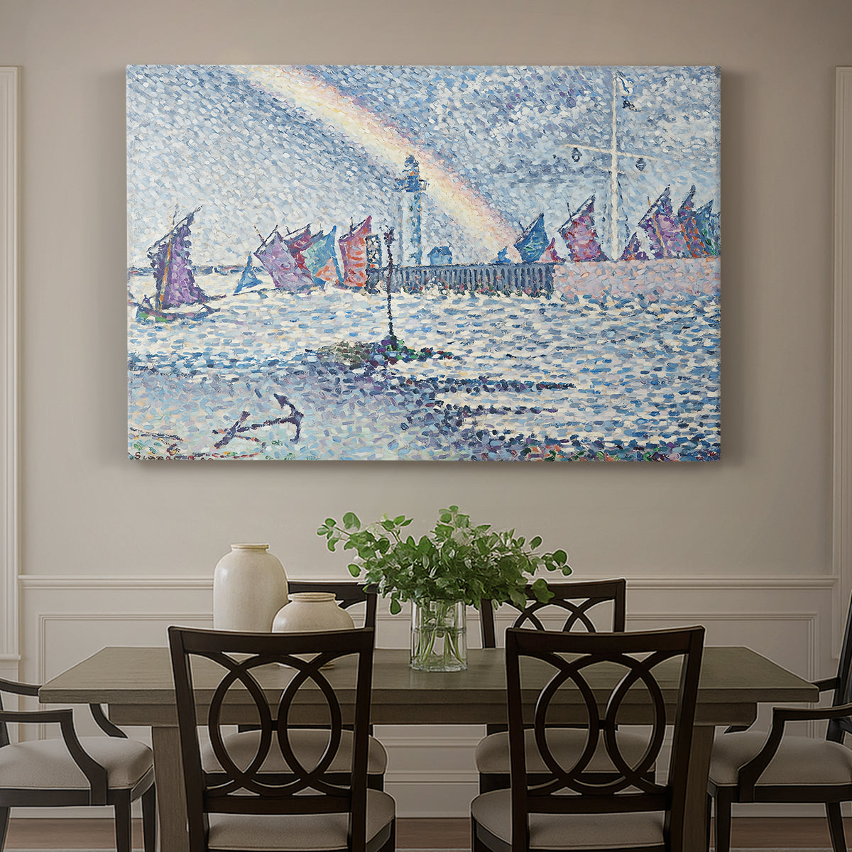Canvas art print featuring boats entering harbor with buildings, showcased as a statement wall artwork