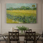 Canvas art print featuring an open field filled with irises stretching across landscape under bright sky, showcased as a statement wall artwork