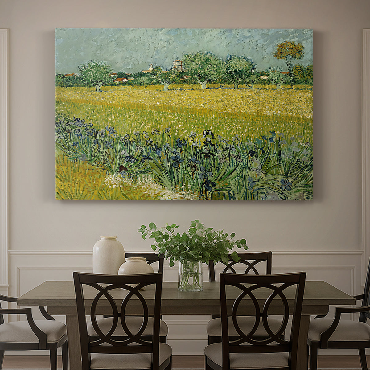 Canvas art print featuring an open field filled with irises stretching across landscape under bright sky, showcased as a statement wall artwork