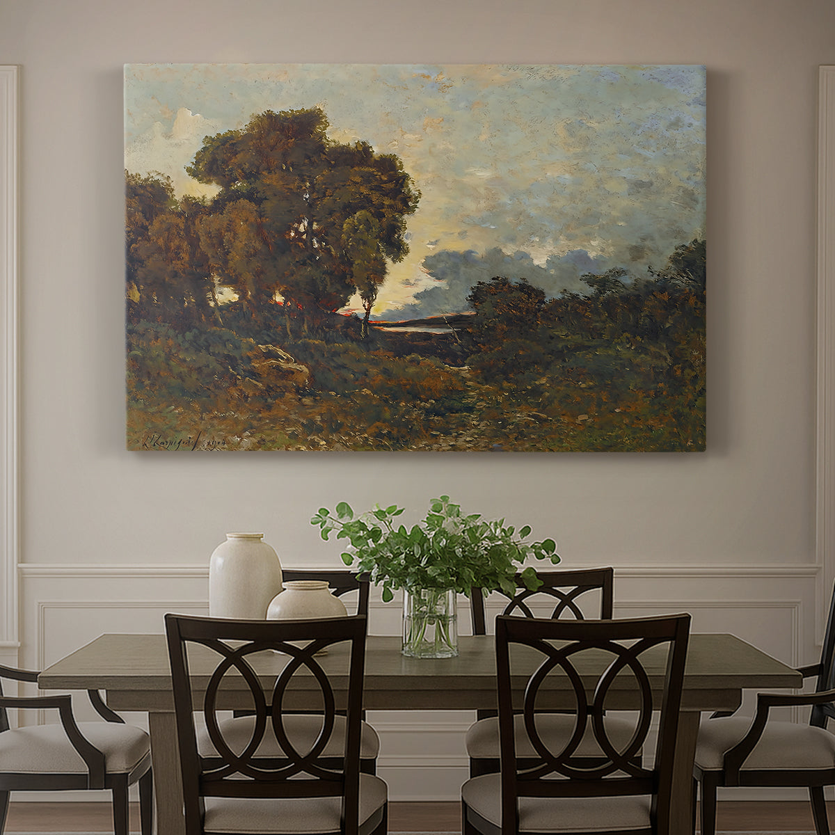 Canvas art print featuring a warm sunset over river landscape with glowing sky and reflections, showcased as a statement wall artwork