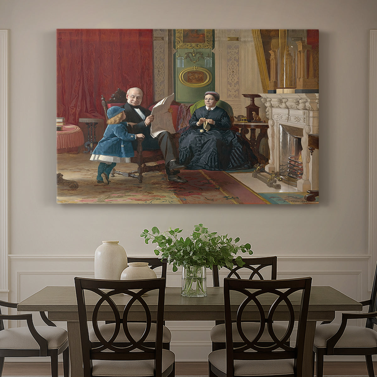 Canvas art print featuring a family seated together in interior room engaged in quiet activity, showcased as a statement wall artwork