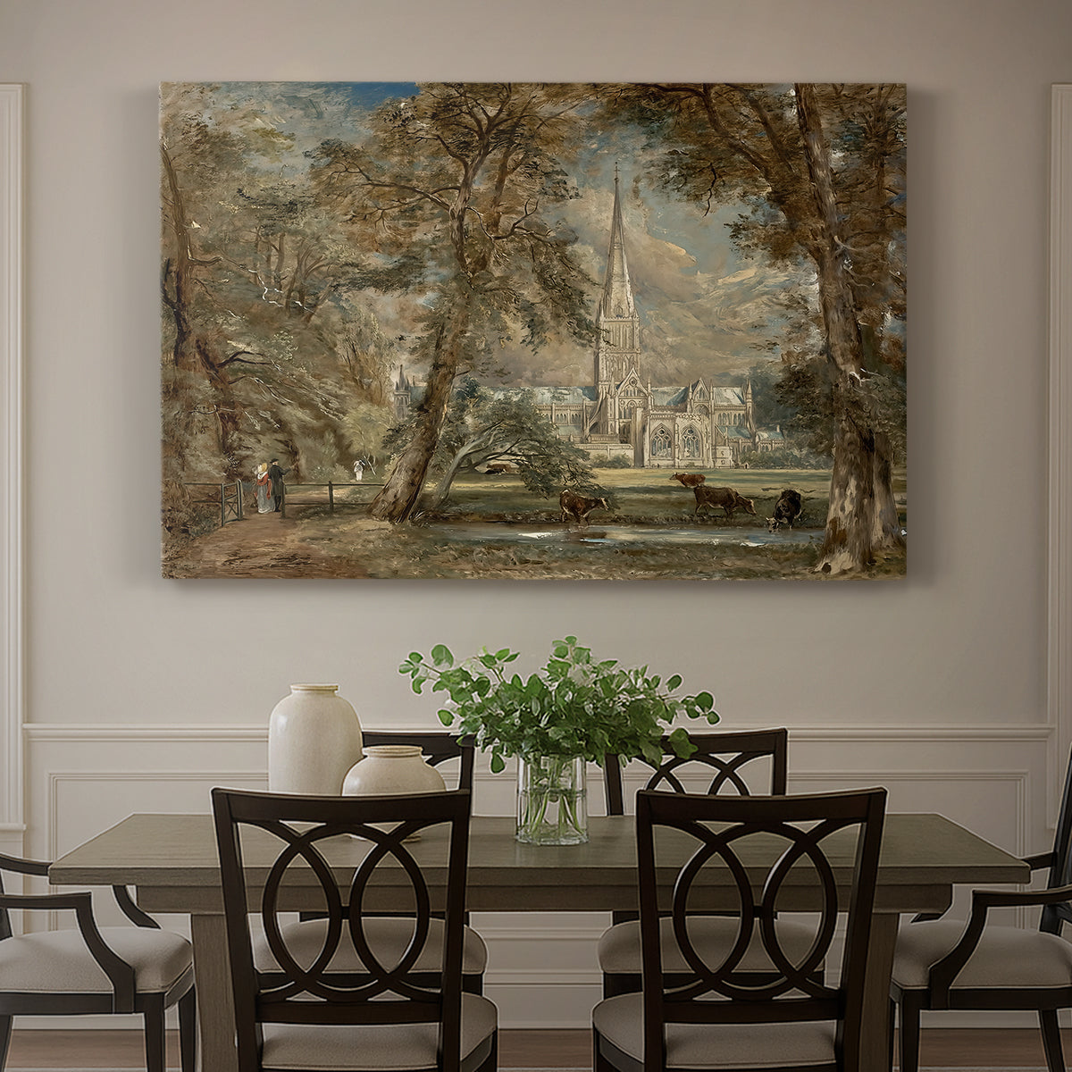 Canvas art print featuring a cathedral rising above landscape with trees and field, showcased as a statement wall artwork