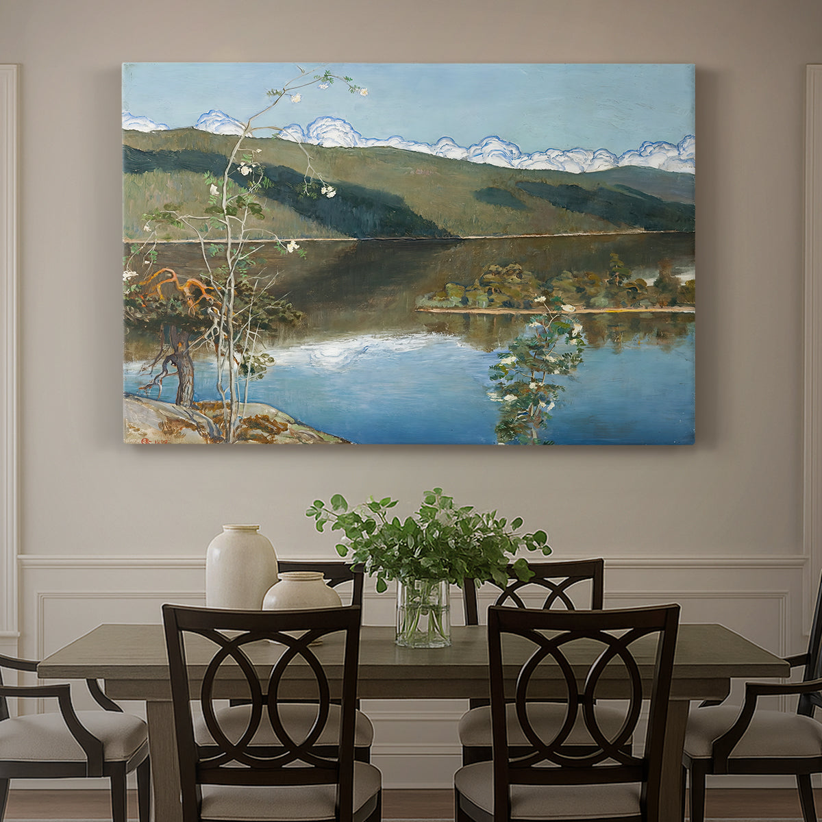 Canvas art print featuring a dramatic landscape with dark thunderclouds forming over distant water and hills, showcased as a statement wall artwork