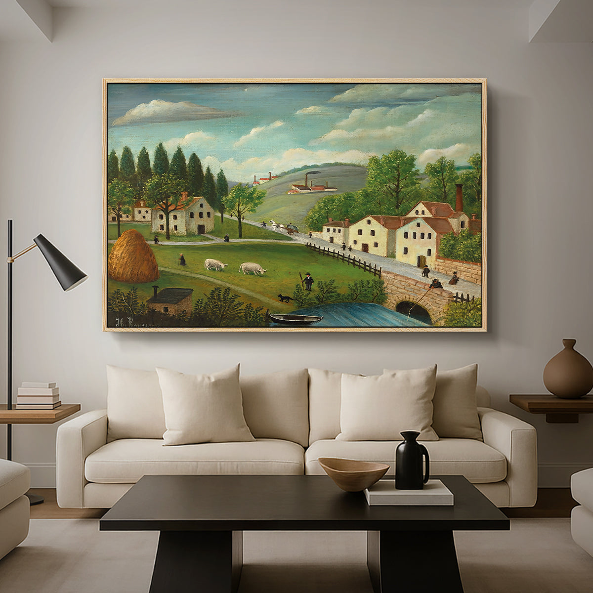 Pastoral Landscape with Stream, Fisherman and Strollers, 1875-1880 - Floater Framed Canvas Print