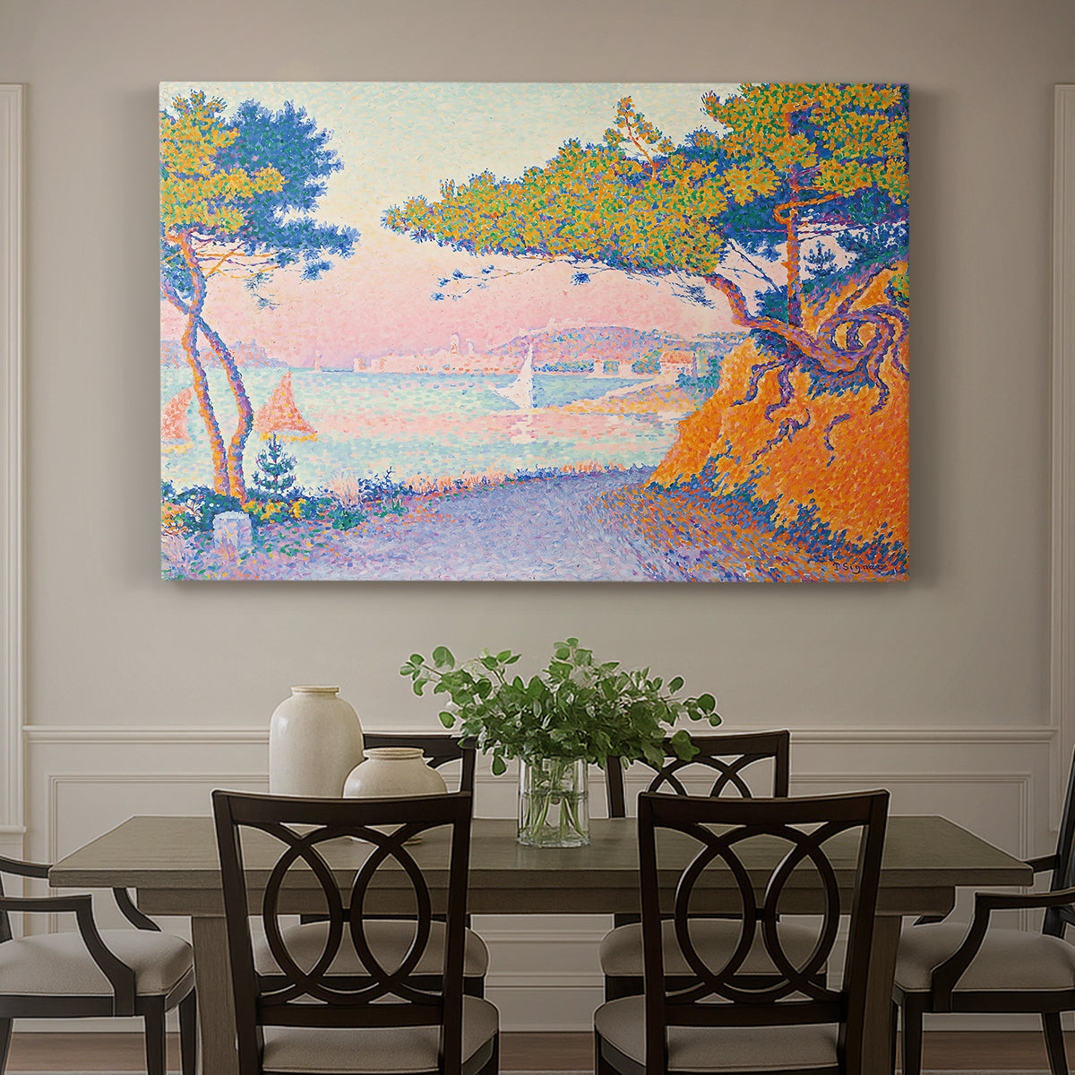 Canvas art print featuring a coastal landscape with trees and water, showcased as a statement wall artwork