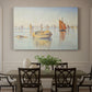 Canvas art print featuring a calm harbor with boats in morning light, showcased as a statement wall artwork