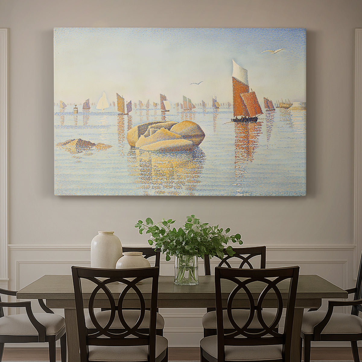 Canvas art print featuring a calm harbor with boats in morning light, showcased as a statement wall artwork