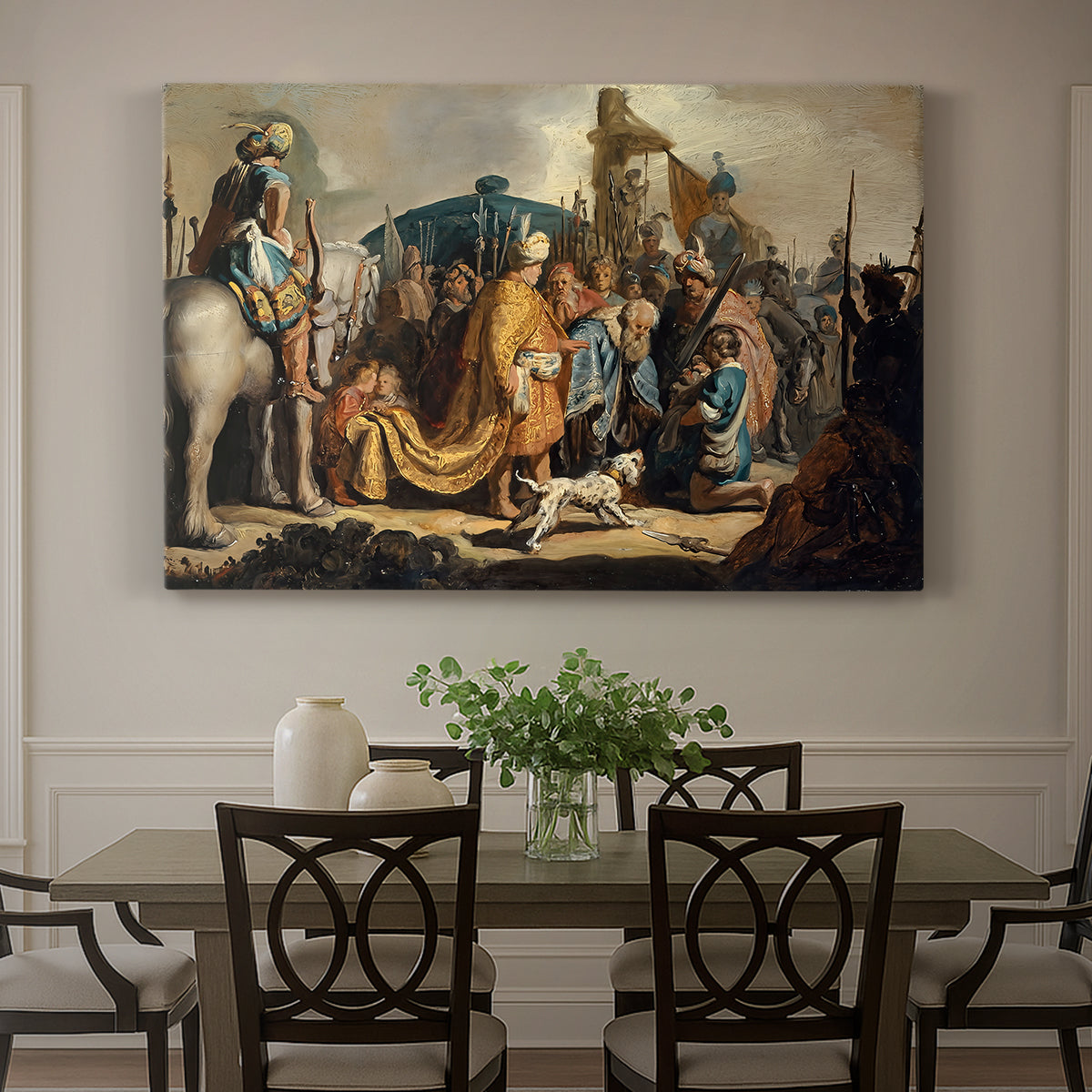 Canvas art print featuring a biblical scene with David holding Goliath's head, showcased as a statement wall artwork