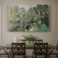 Canvas art print featuring a small figure in a green landscape near trees and buildings, showcased as a statement wall artwork