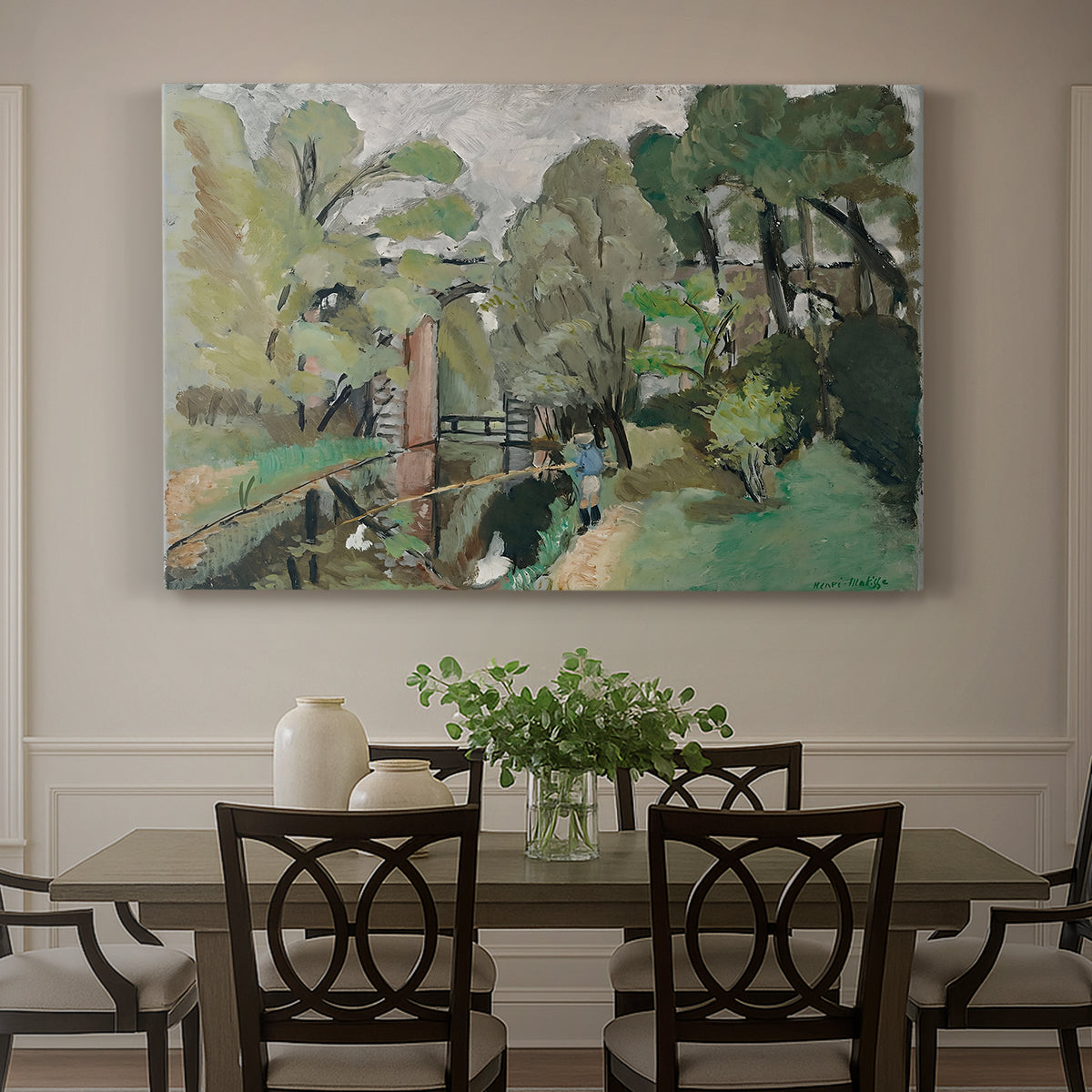 Canvas art print featuring a small figure in a green landscape near trees and buildings, showcased as a statement wall artwork