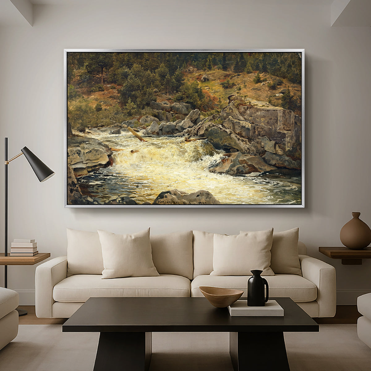 Waterfall in Hallingdal, 1848 - Floater Framed Canvas Print